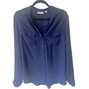 New York & company pocket button sleeve navy blouse